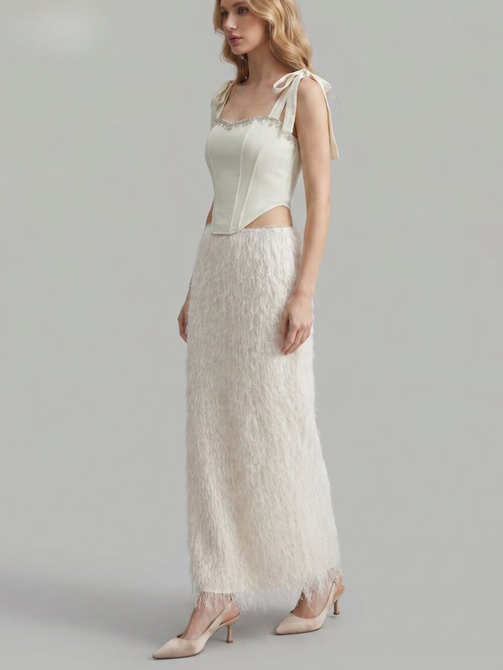 Women’s White Feather Fringe Maxi Skirt Elegant High Slit Statement Skirt - Picture 6 of 8
